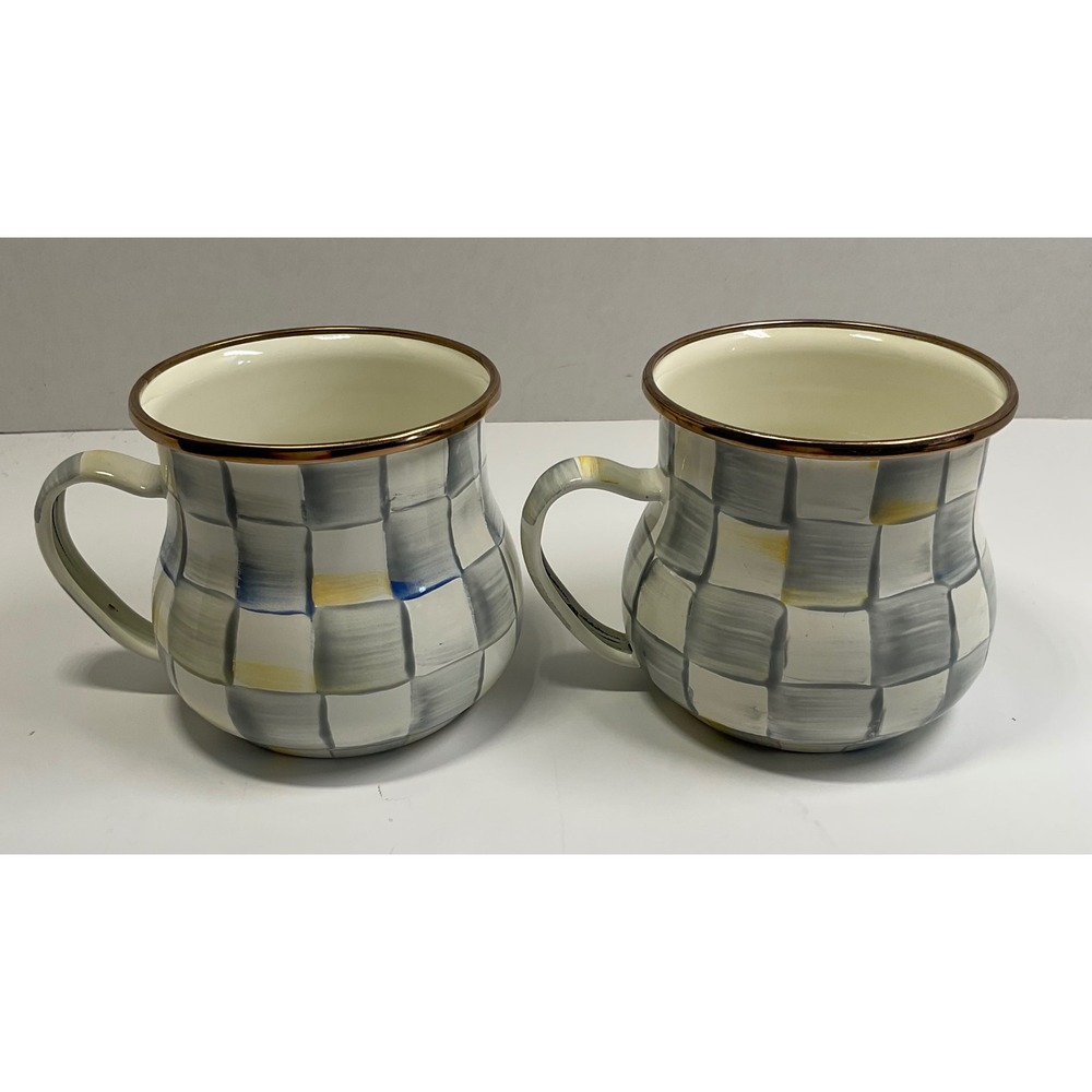 MacKenzie-Childs Parchment Check Enamel Mugs Set of 2 Grey Ivory 6997TW22031